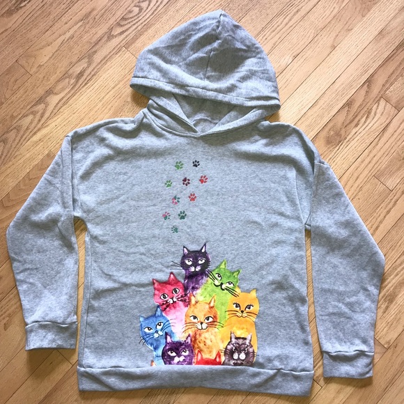 Unknown Tops - Rainbow Cats And Paw Prints Hoodie Sweatshirt Womens Size Large Grey Pullover